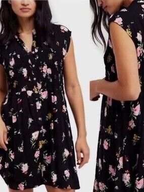 Free People Black Floral Midi Dress with Pink & Yellow Blooms